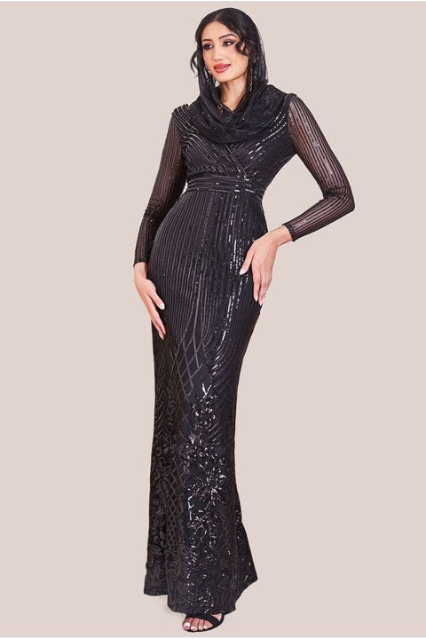Modesty Sequin Wrap Maxi Dress - Black by Goddiva