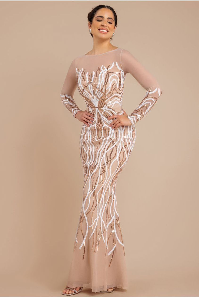 Long Sleeve Sequin Flame Maxi - Champagne DR3486