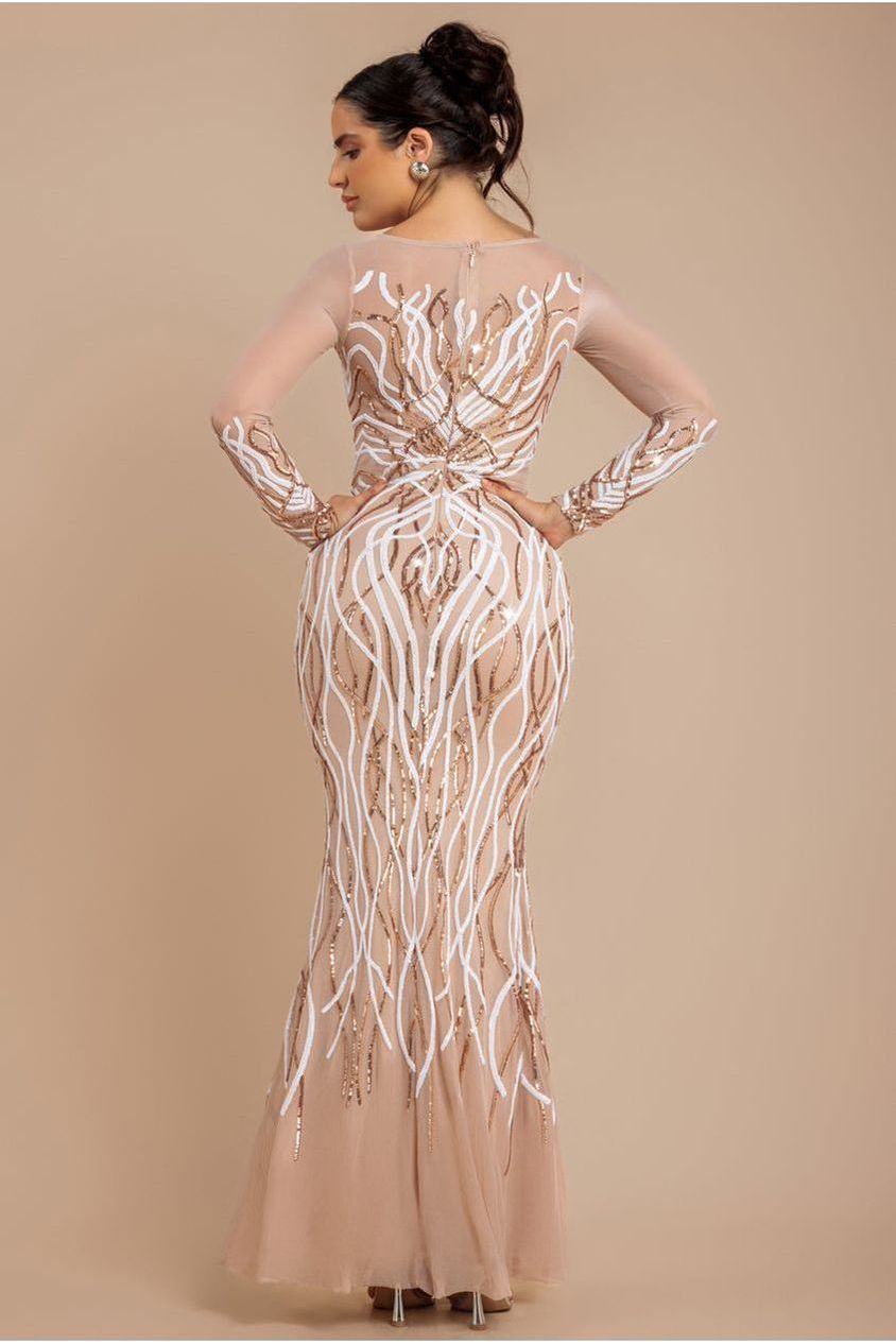 Long Sleeve Sequin Flame Maxi - Champagne DR3486