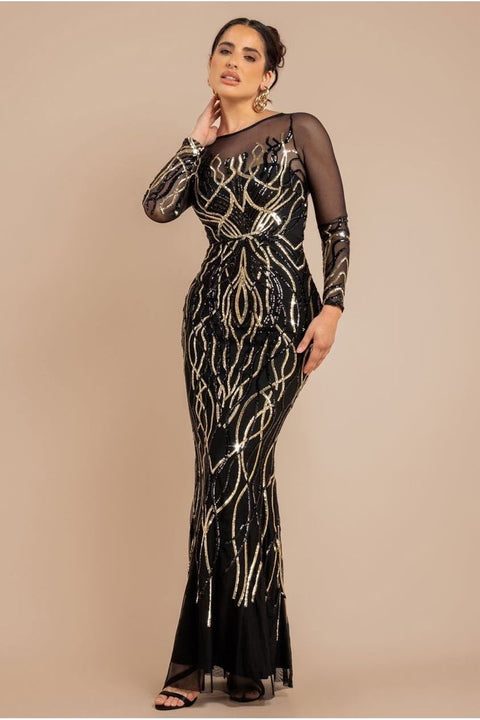 Long Sleeve Sequin Flame Maxi - Gold by Goddiva