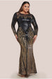 Long Sleeve Aztec Sequin Maxi Dress - Gold by Goddiva Plus