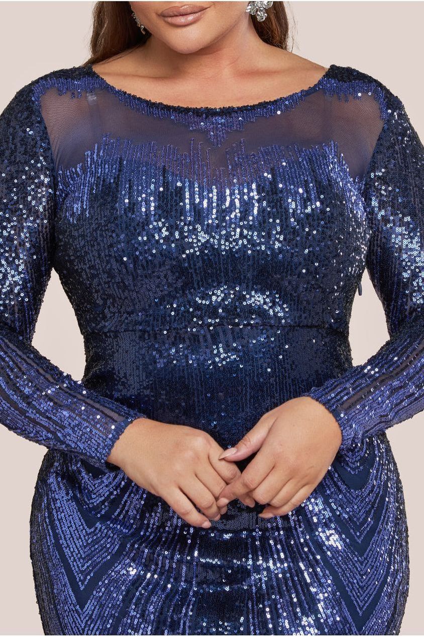 Long Sleeve Aztec Sequin Maxi Dress - Navy DR3490PLUS