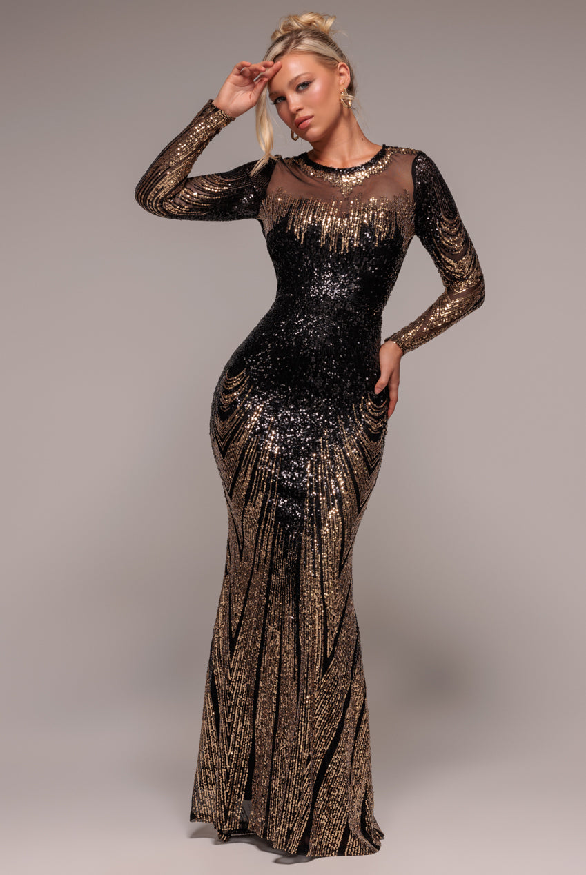 Long Sleeve Aztec Sequin Maxi Dress - Gold DR3490