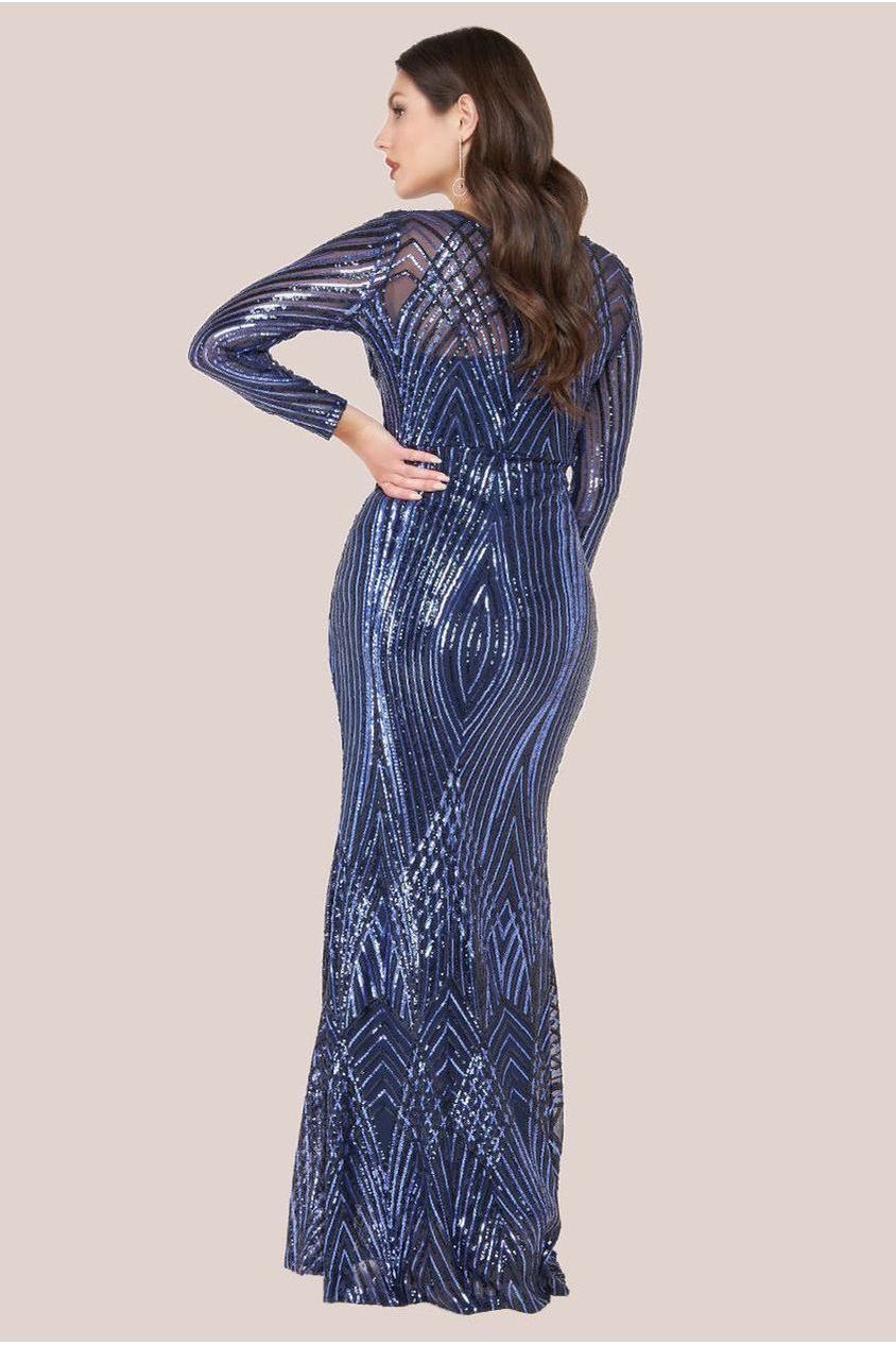 Two Toned V Neck Sequin Maxi - Navy DR3494
