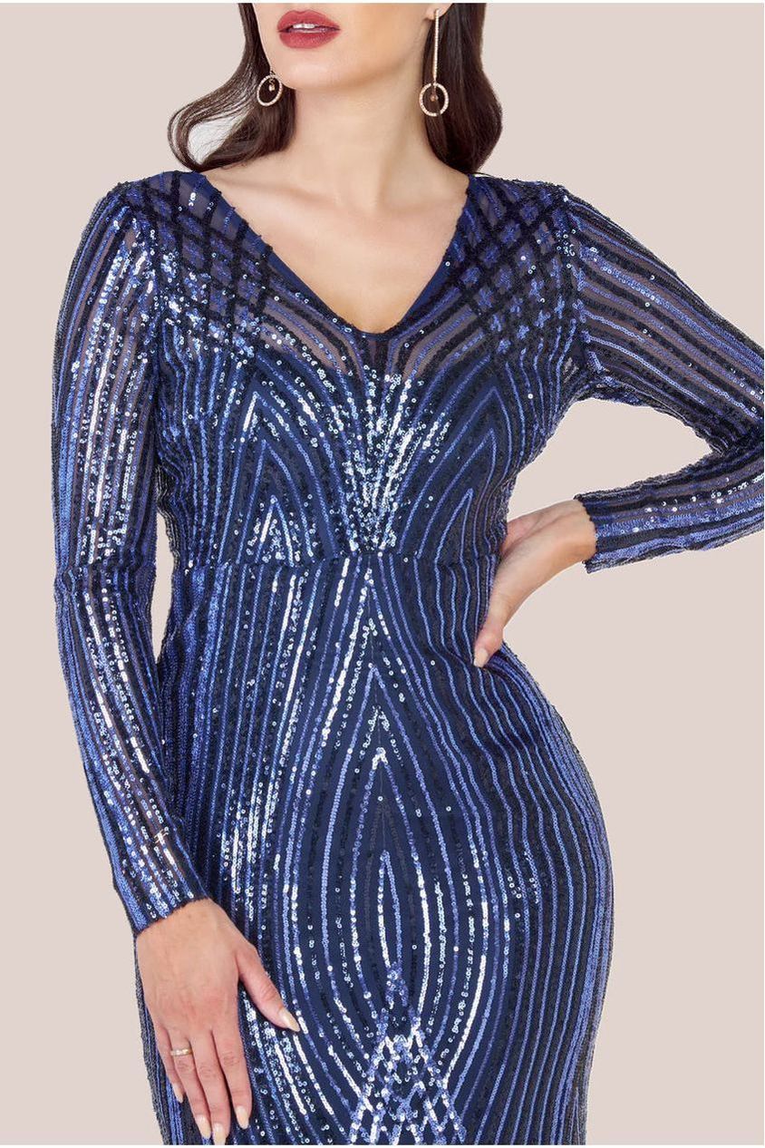 Two Toned V Neck Sequin Maxi - Navy DR3494