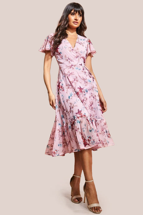 Wrap Flutter Sleeve Floral Midi Dress - Peach by City Goddess