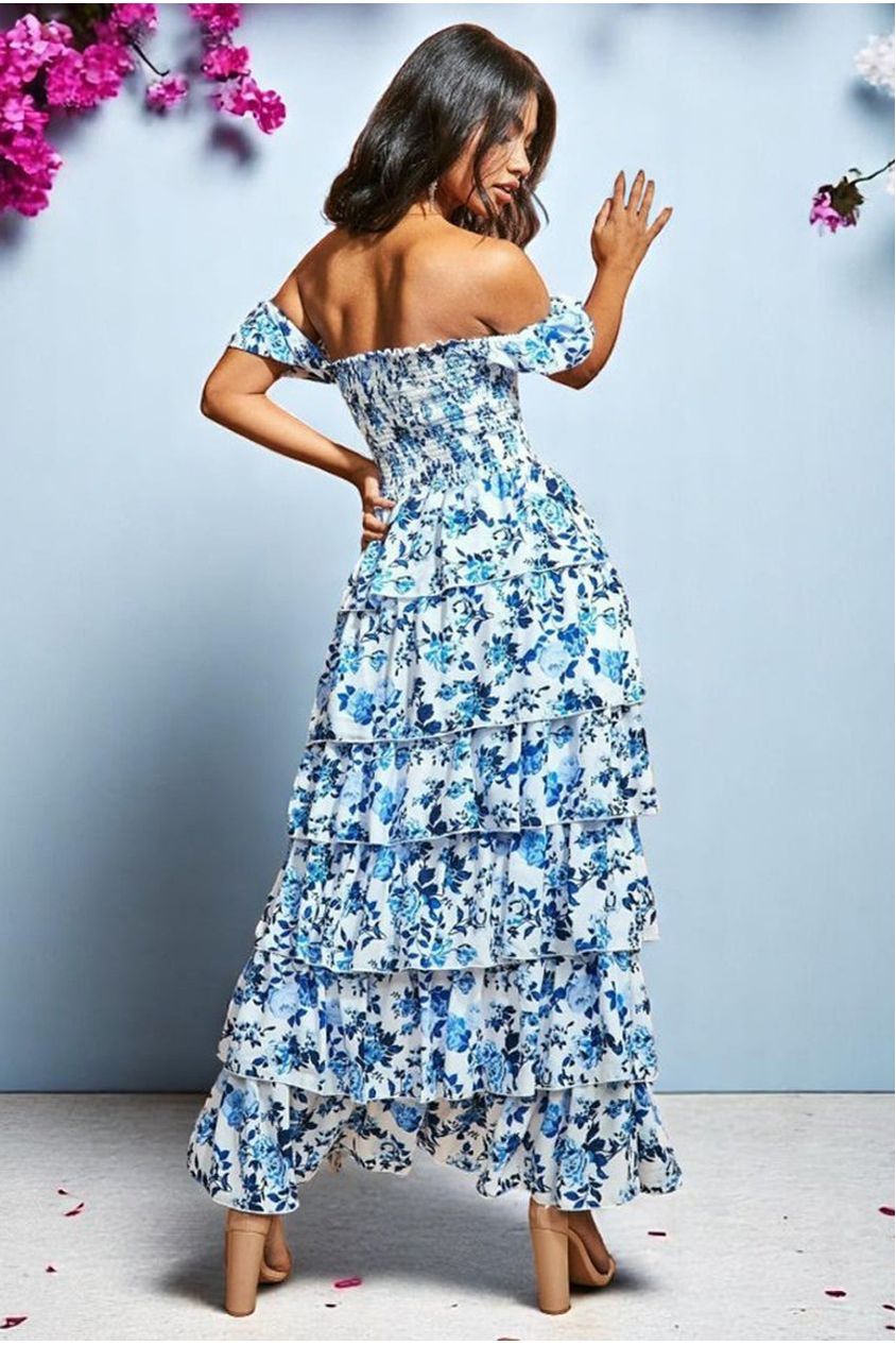 Layered Dipped Hem Floral Maxi - Blue DR3506