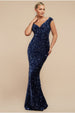 Multi Sequin & Velvet Bardot Maxi Dress - Navy Blue by Goddiva
