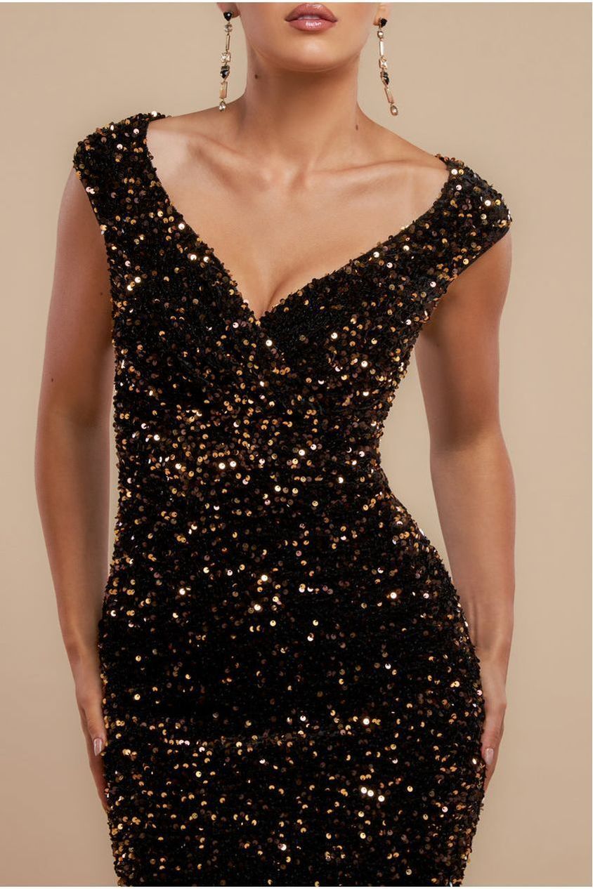 Multi Sequin & Velvet Bardot Maxi - Gold DR3512