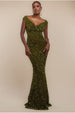 Multi Sequin & Velvet Bardot Maxi Dress - Olive Green by Goddiva