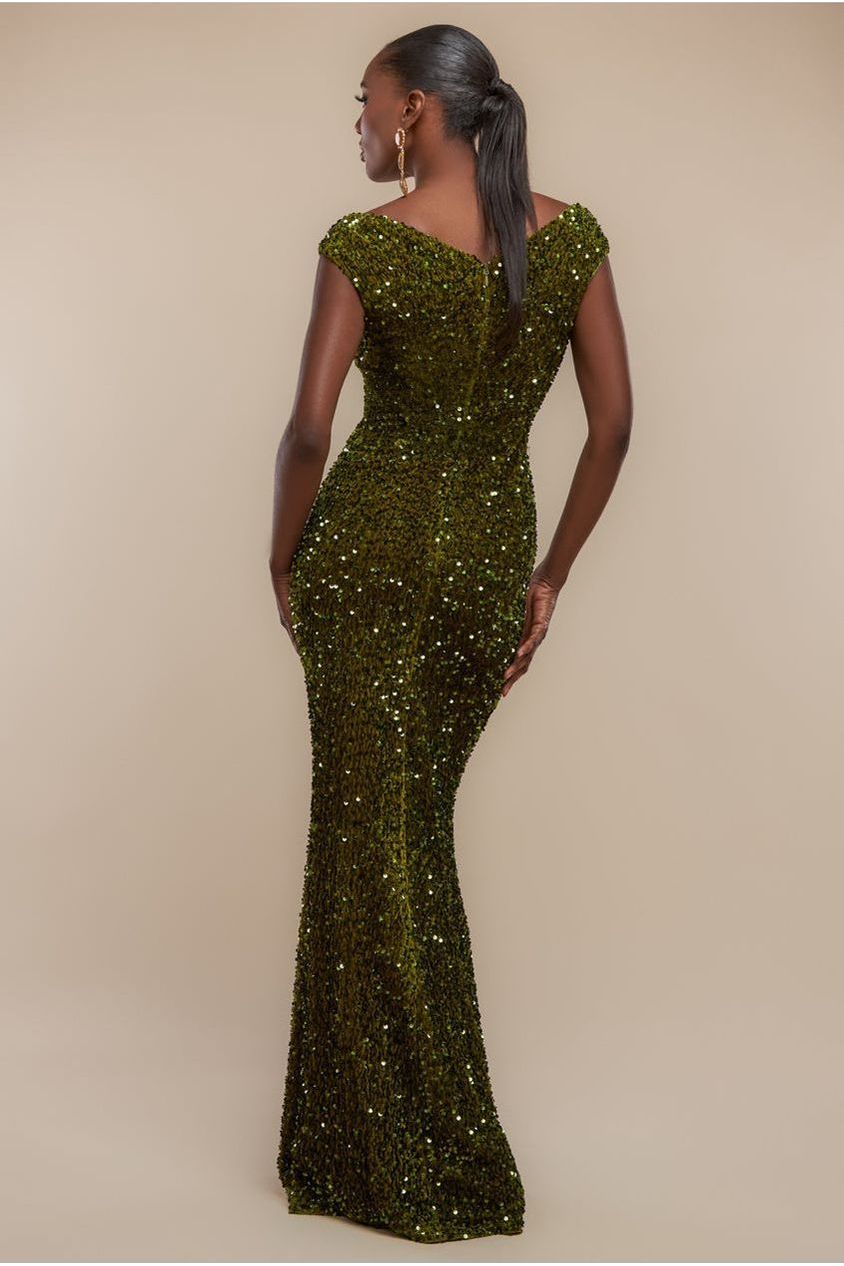Multi Sequin & Velvet Bardot Maxi Dress - Olive Green DR3512