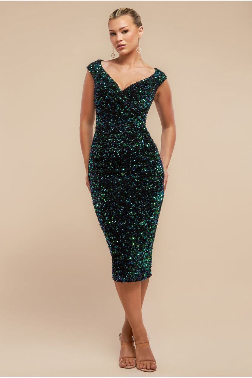 Multi Sequin & Velvet Bardot Midi - Emerald Green DR3550