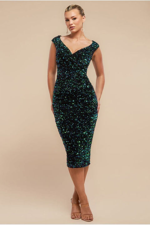Multi Sequin & Velvet Bardot Midi - Emerald Green by Goddiva