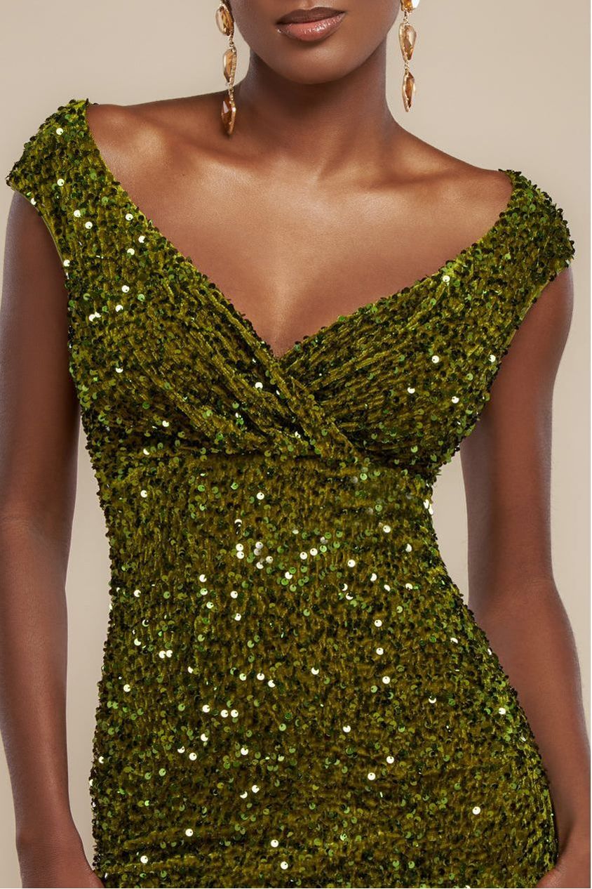 Multi Sequin & Velvet Bardot Midi Dress - Olive Green DR3550