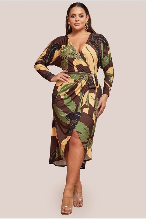Printed Batwing Wrap Midi Dress - Brown by Goddiva Plus