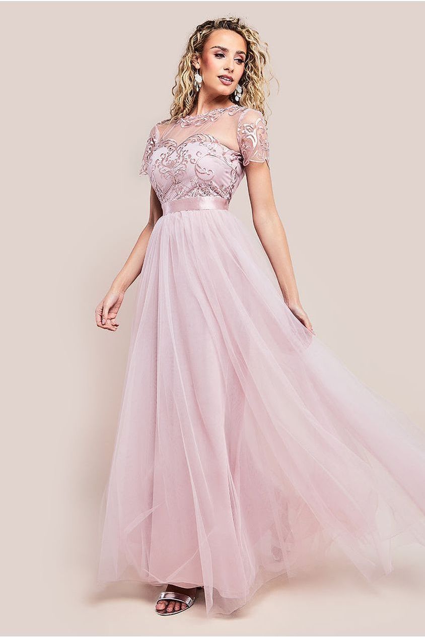 Embroidered Mesh Maxi Dress - Blush DR3584
