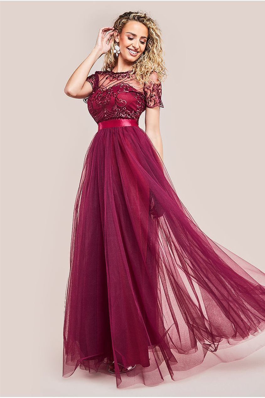 Embroidered Mesh Maxi Dress - Burgundy DR3584