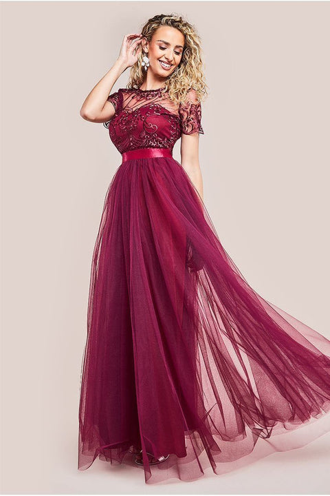 Embroidered Mesh Maxi Dress - Burgundy by Goddiva
