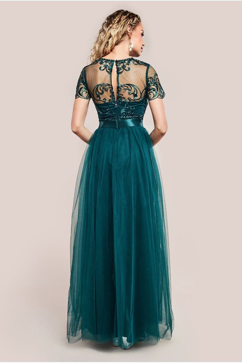 Embroidered Mesh Maxi Dress - Emerald Green DR3584
