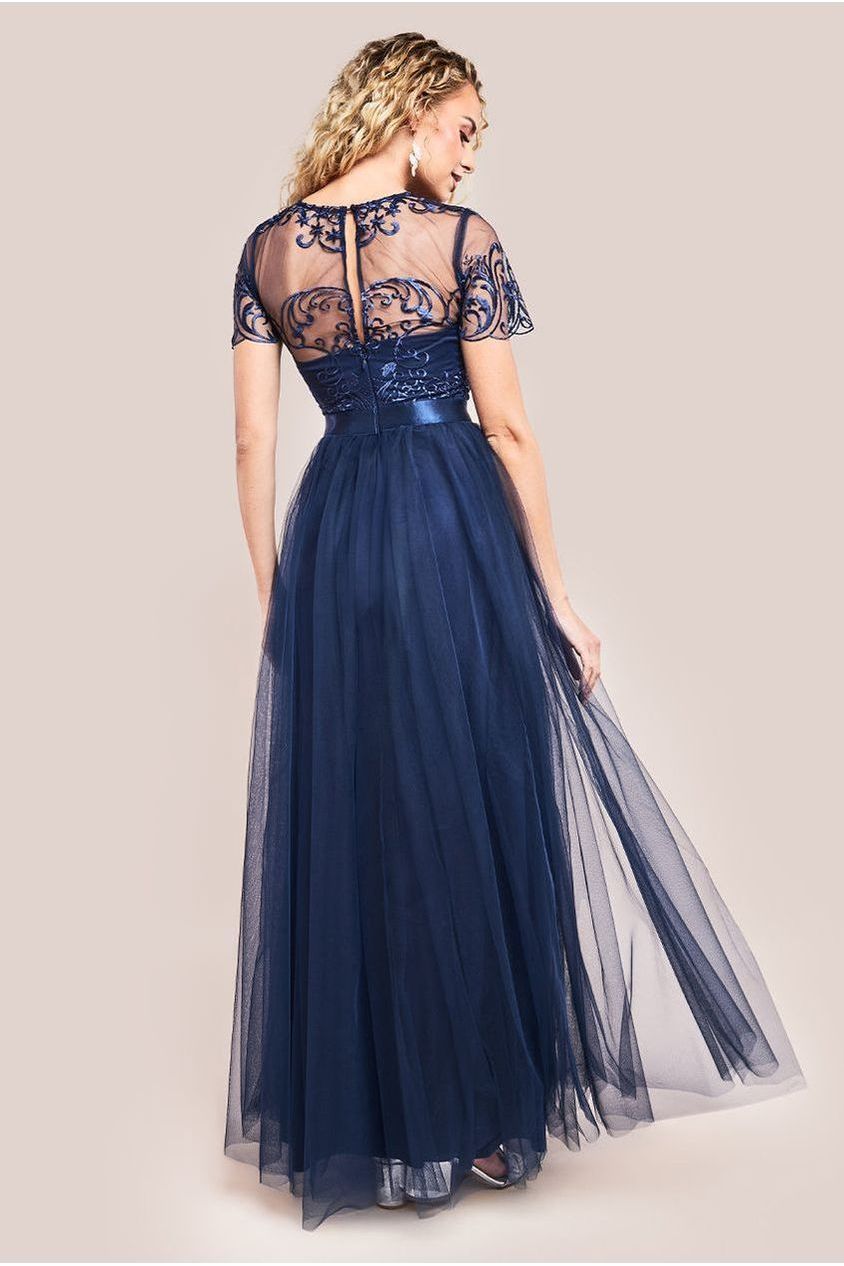 Embroidered Mesh Maxi Dress - Navy DR3584