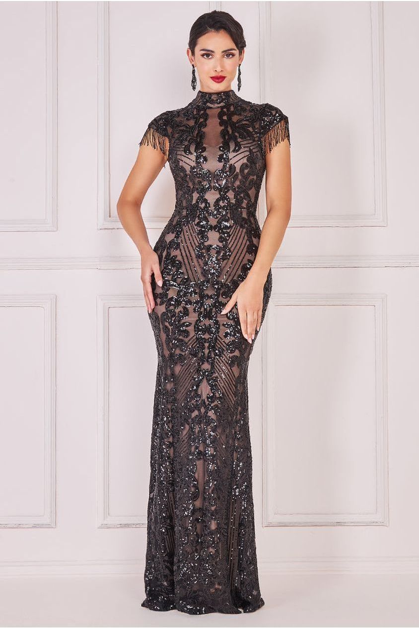 Embroidered Sequin Beaded Cap Sleeve Maxi - Black DR3591