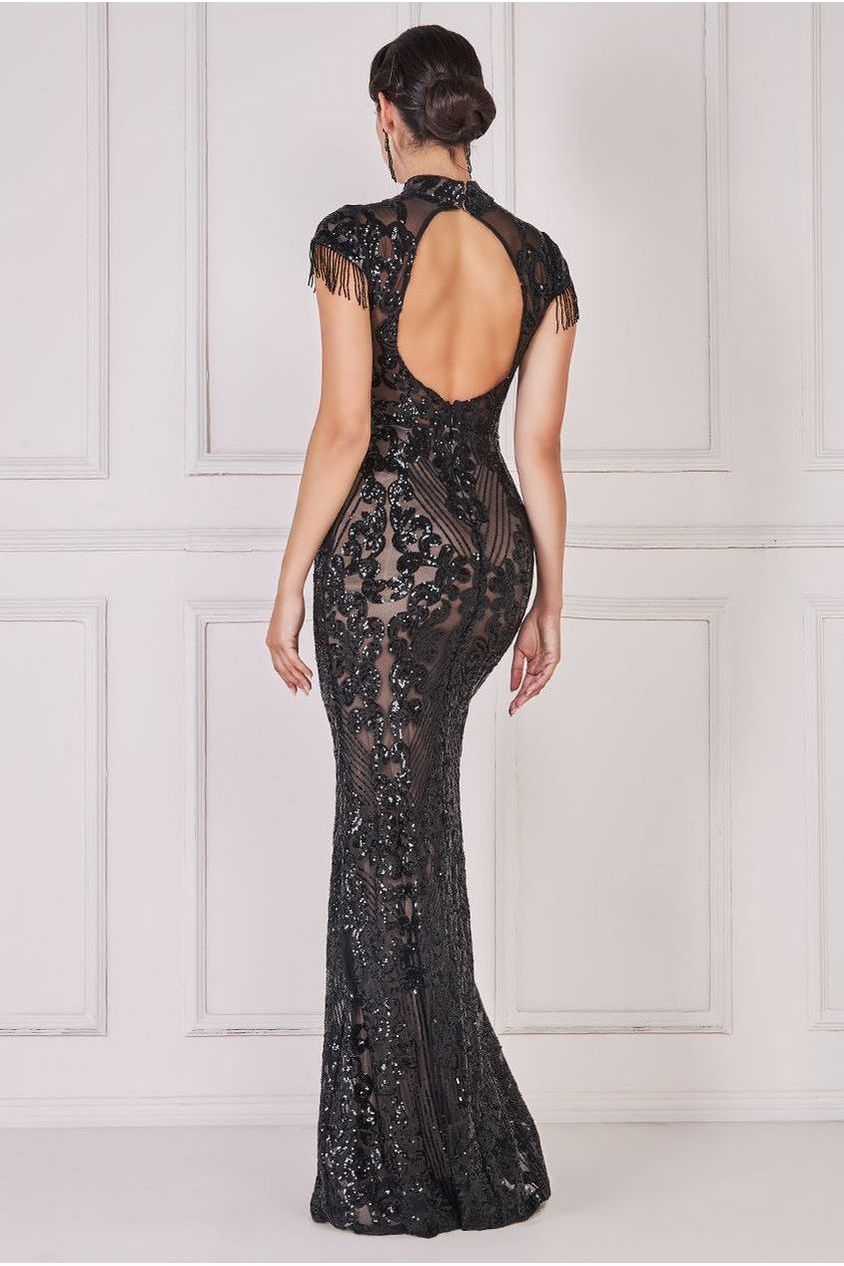 Embroidered Sequin Beaded Cap Sleeve Maxi - Black DR3591