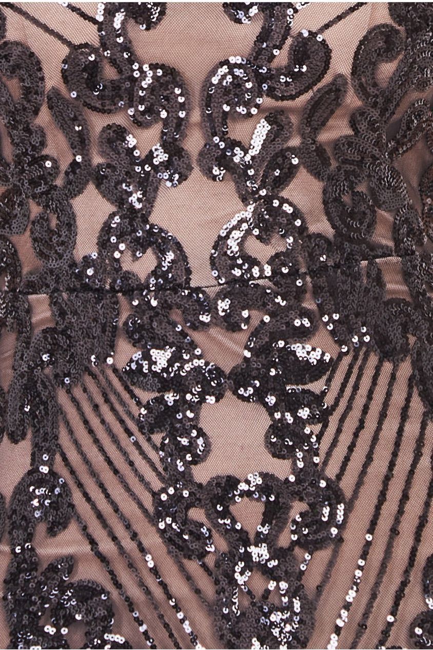 Embroidered Sequin Beaded Cap Sleeve Maxi - Black DR3591
