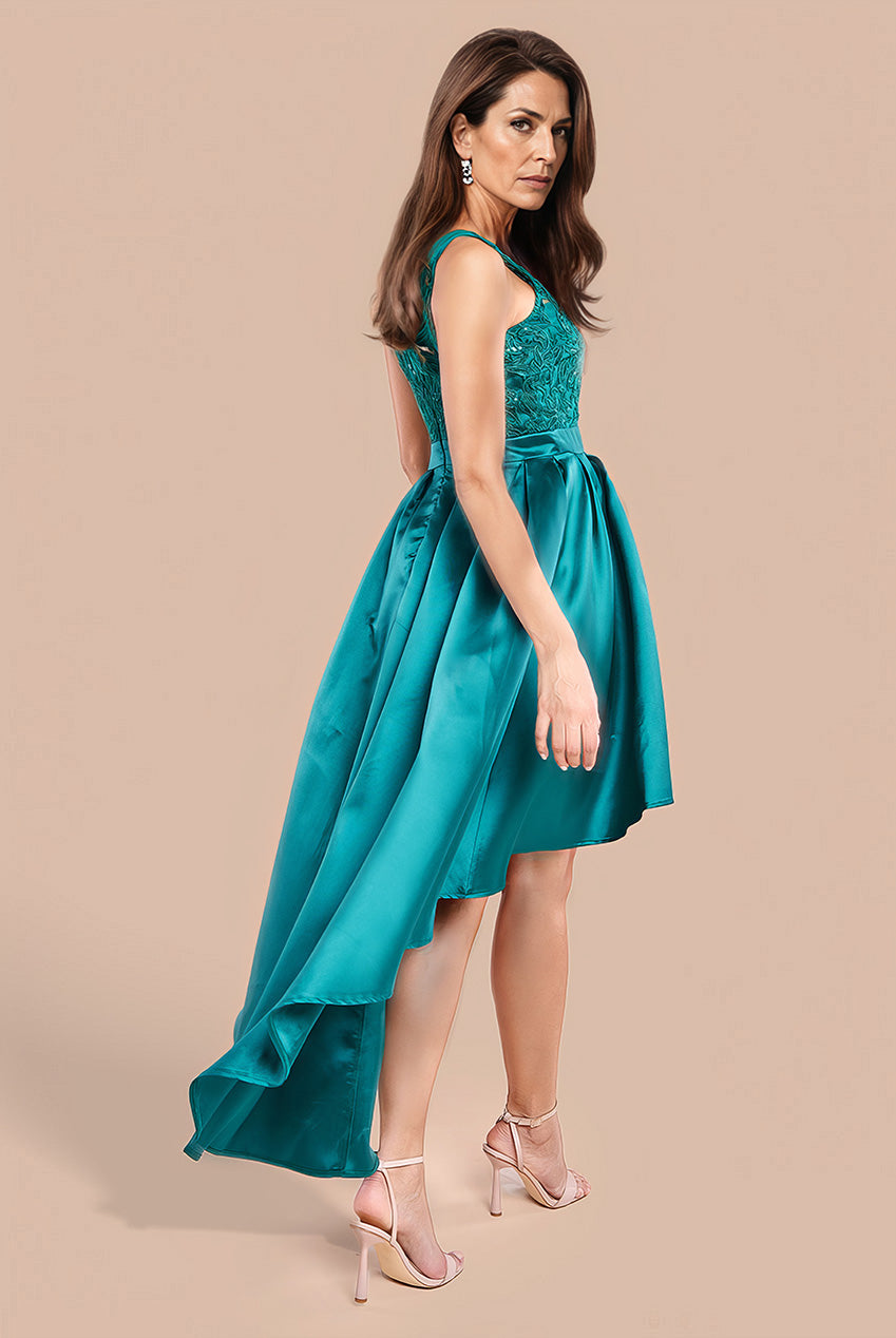 Sequin & Satin Dipped Hem Midi Dress - Emerald Green DR3621M