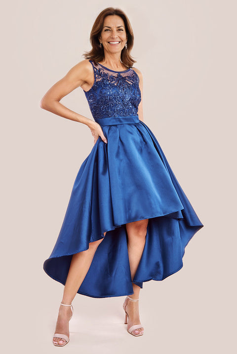 Sequin & Satin Dipped Hem Midi Dress - Navy Blue by Goddiva