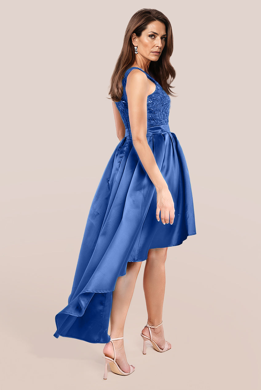 Sequin & Satin Dipped Hem Midi Dress - Navy Blue DR3621M
