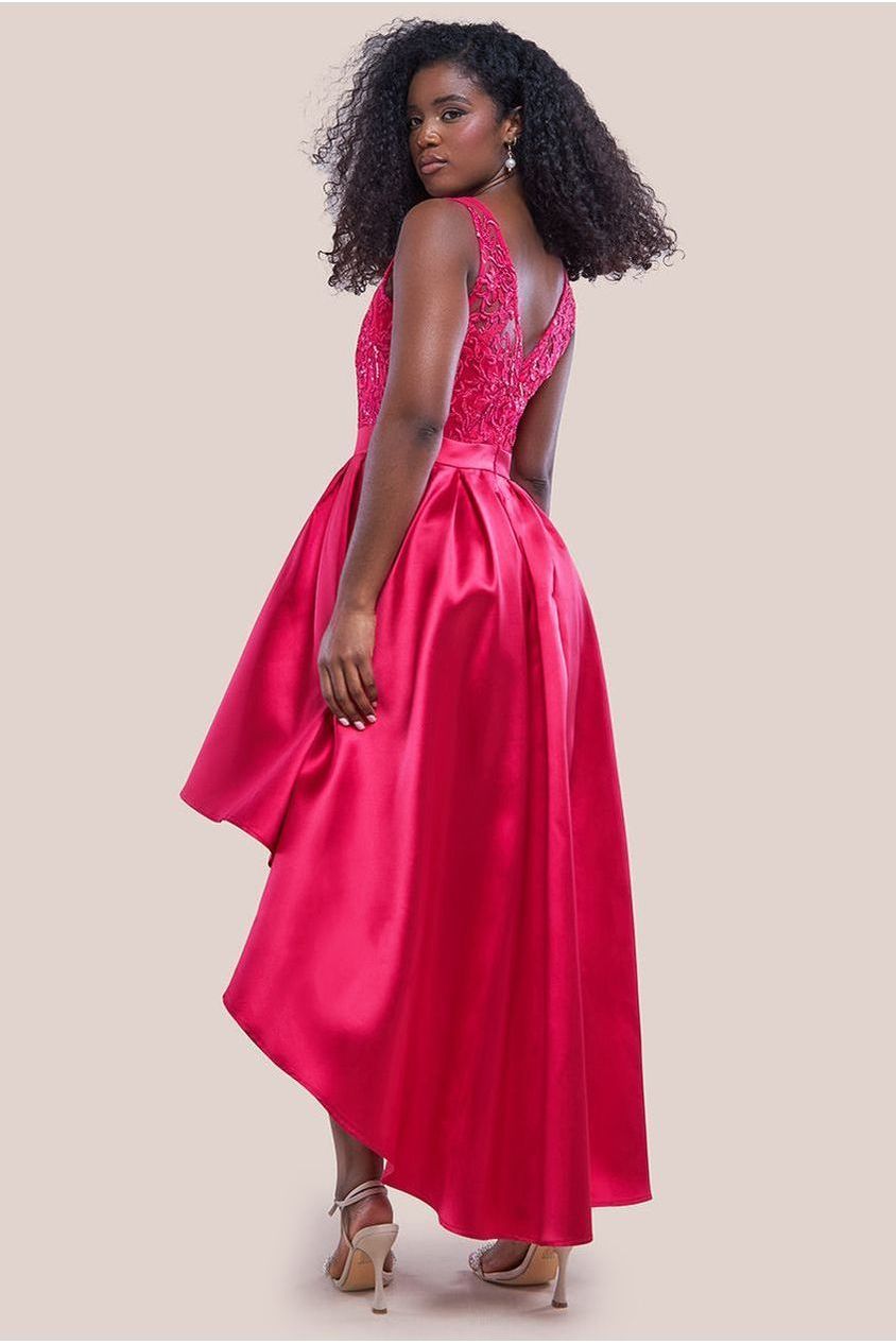 Sequin & Satin Dipped Hem Midi  - Hot Pink DR3621