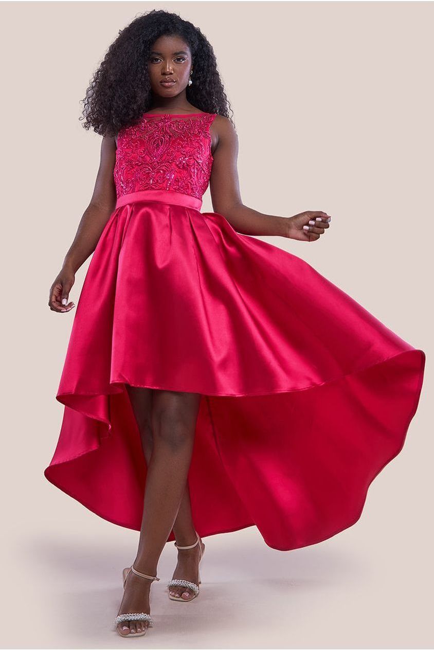 Sequin & Satin Dipped Hem Midi  - Hot Pink DR3621
