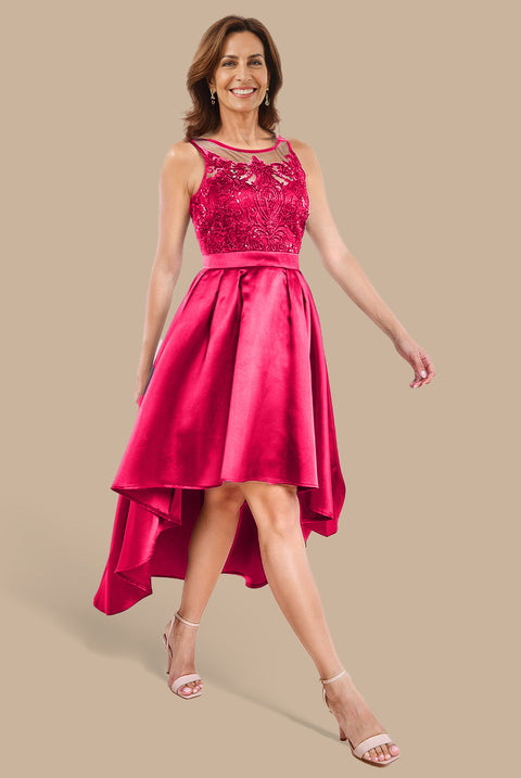 Sequin & Satin Dipped Hem Midi  - Hot Pink by Goddiva