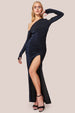 Cold Shoulder Lurex Maxi With Thigh Split - Navy by Goddiva