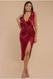 Satin Wrap Knotted Midi Dress - Wine by Goddiva
