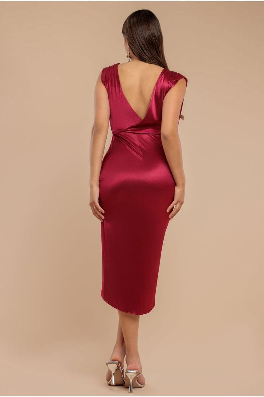 Satin Wrap Knotted Midi Dress - Wine DR3637