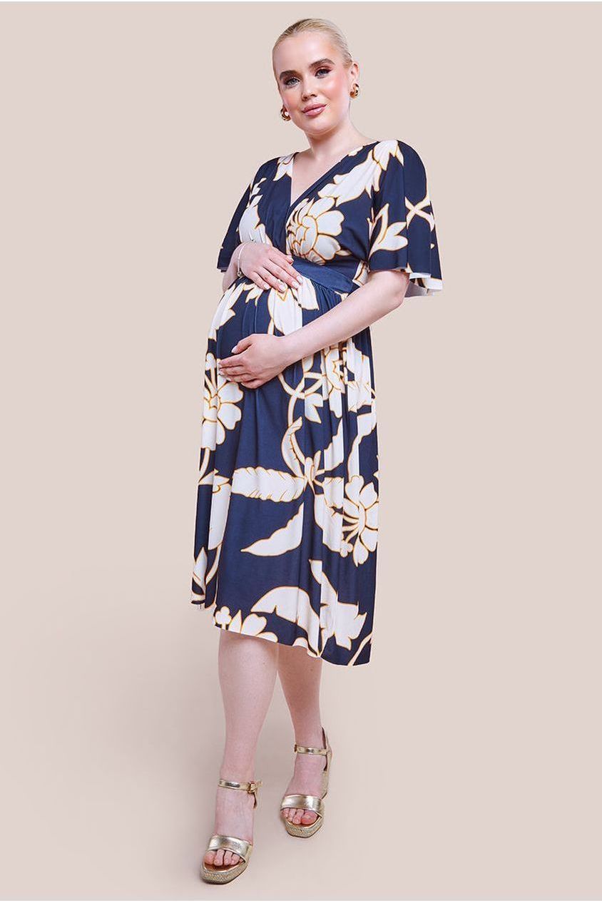 Maternity Leaf Print Flutter Sleeve Midi Dress - Navy DR3651MAT