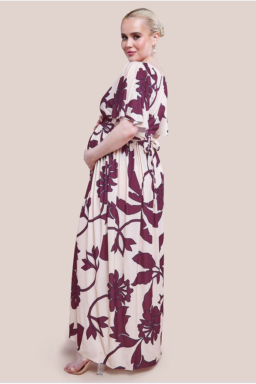 Maternity Leaf Print Flutter Sleeve Maxi Dress - Cream DR3652MAT