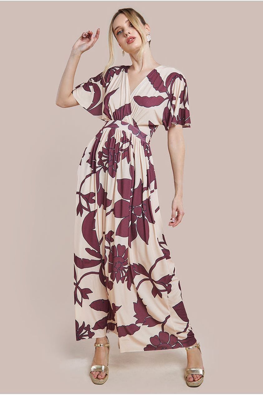 Leaf Print Flutter Sleeve Maxi Dress - Cream DR3652