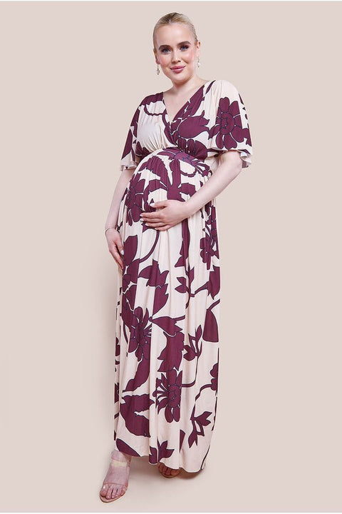 Maternity Leaf Print Flutter Sleeve Maxi Dress - Cream by Goddiva