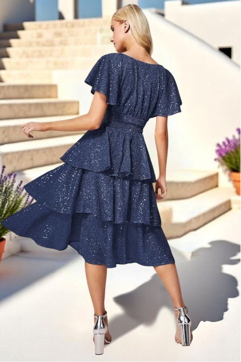Sequin Lurex Tiered Midi Dress - Navy DR3656