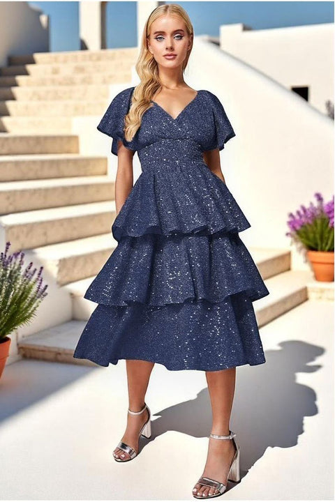 Sequin Lurex Tiered Midi Dress - Navy by Goddiva
