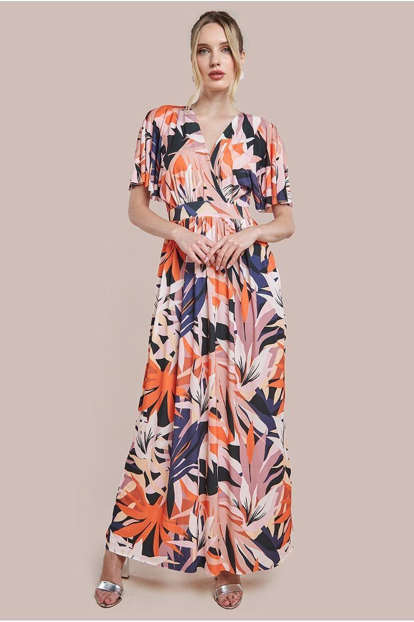 Floral Print Flutter Sleeve Maxi - Orange Print DR3659