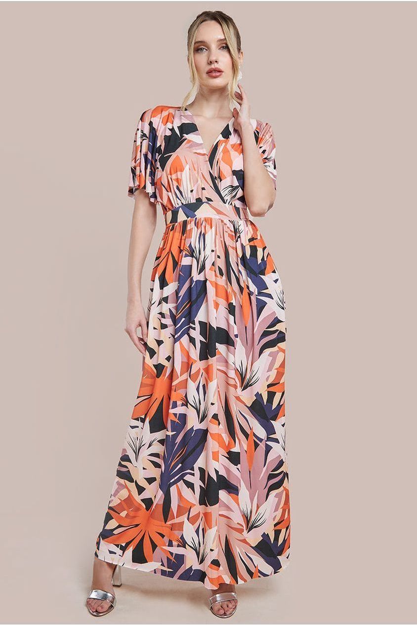 Floral Print Flutter Sleeve Maxi - Orange Print DR3659
