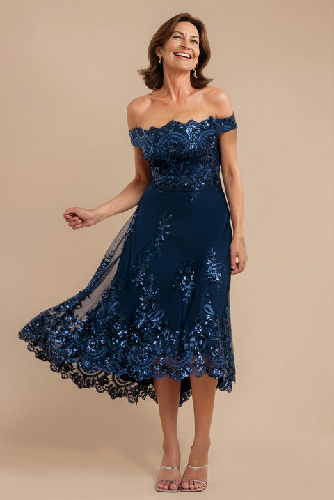 Bardot Sequin & Lace High Low Midi - Navy Blue by Goddiva