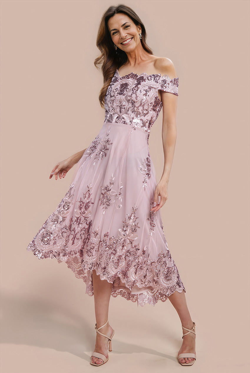 Bardot Sequin & Lace High Low Midi - Blush Pink DR3675M