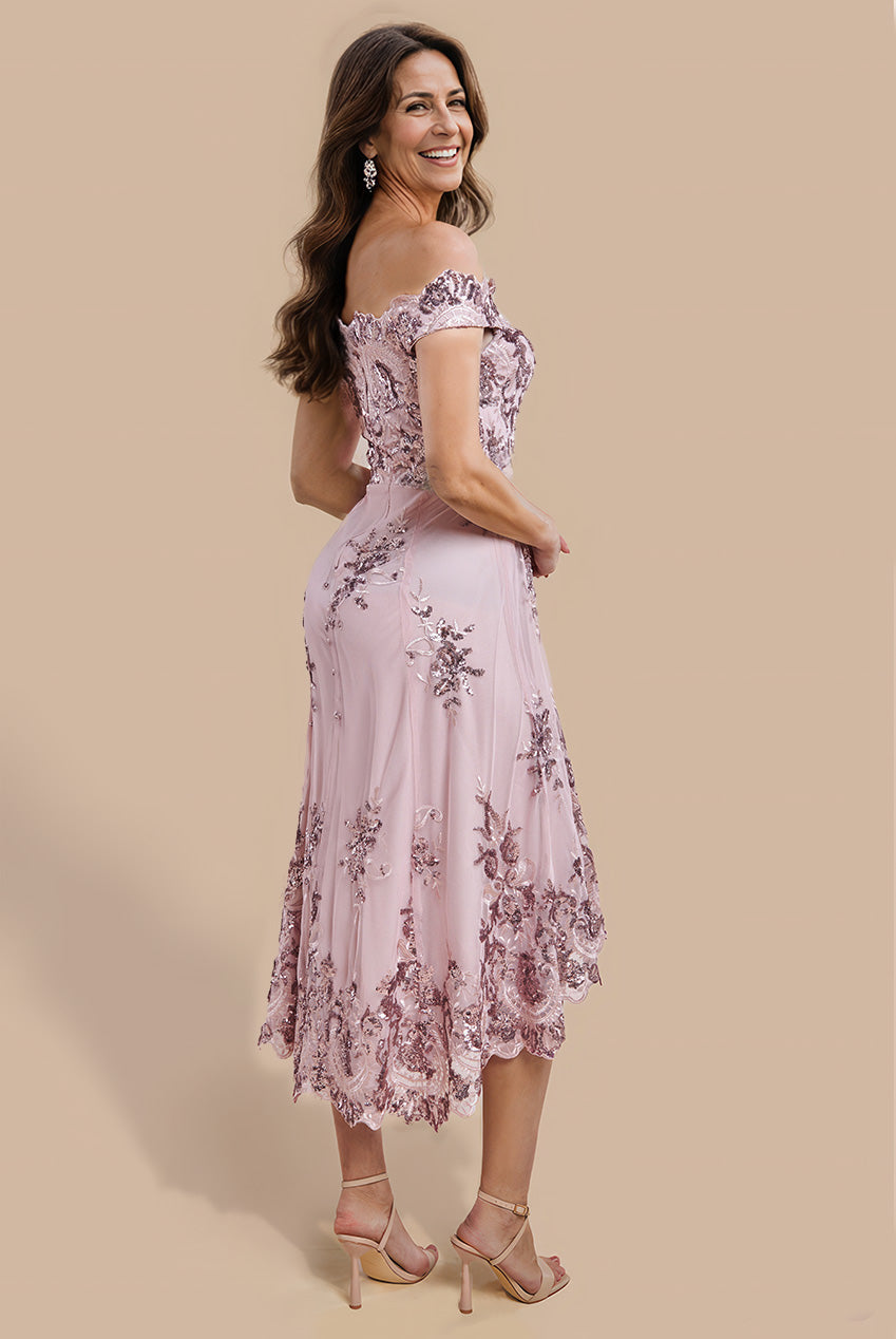 Bardot Sequin & Lace High Low Midi - Blush Pink DR3675M
