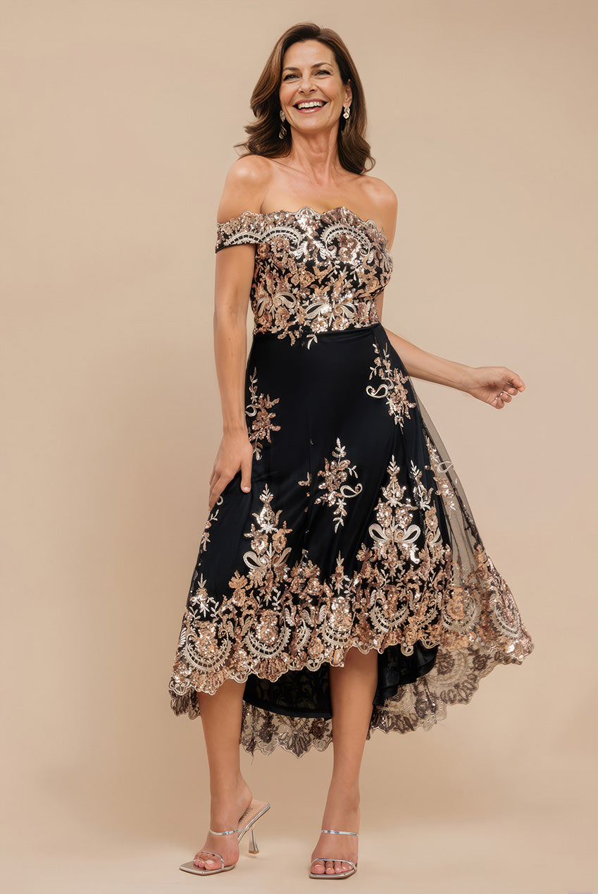 Bardot Sequin & Lace High Low Midi - Champagne DR3675M