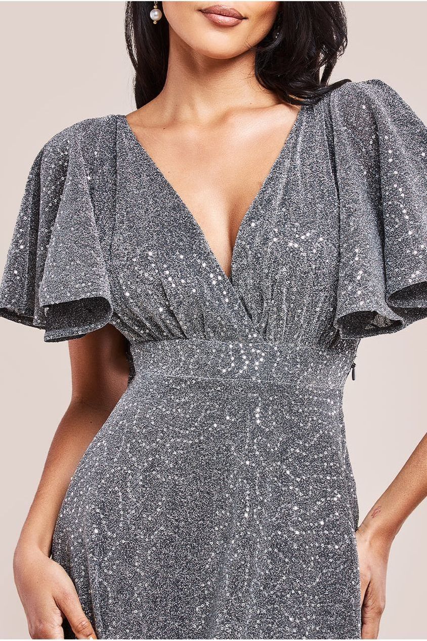 Sequin Lurex Flutter Sleeve Maxi Dress - Silver DR3680