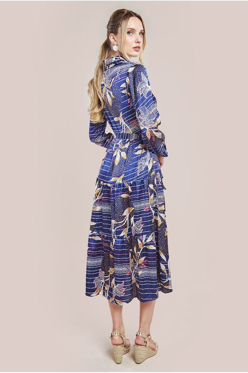 Printed Tiered Shirt Midi Dress - Navy DR3708